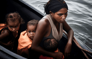 Mother and children in a community boat