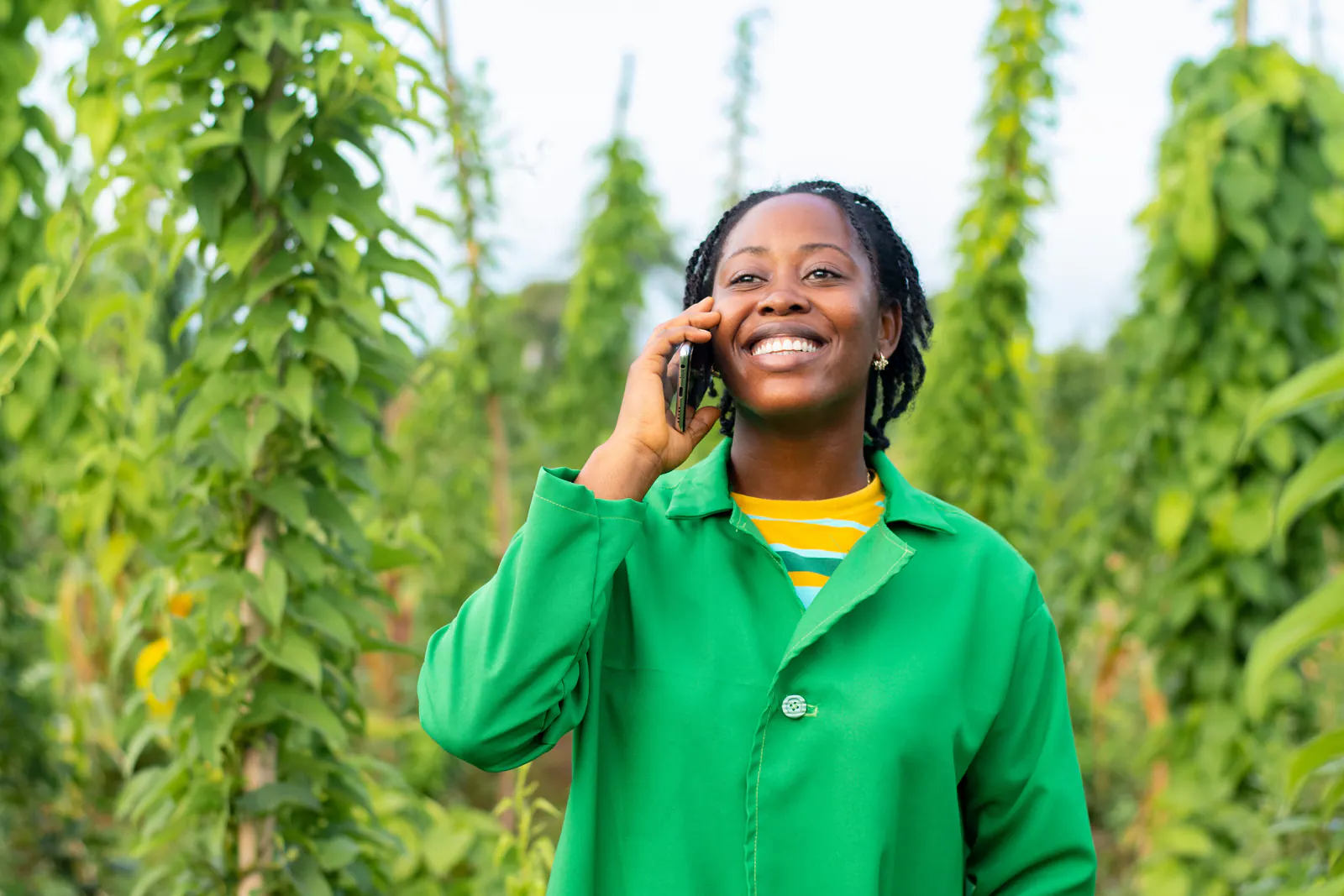 A woman working among crops in a rural farm